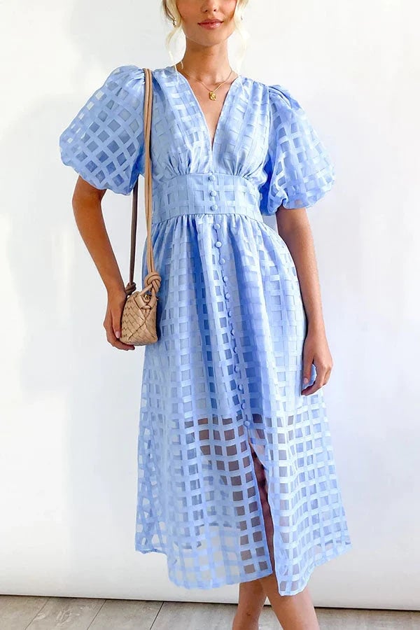Eaksone - Beautiful square pattern fabric puff sleeve midi
