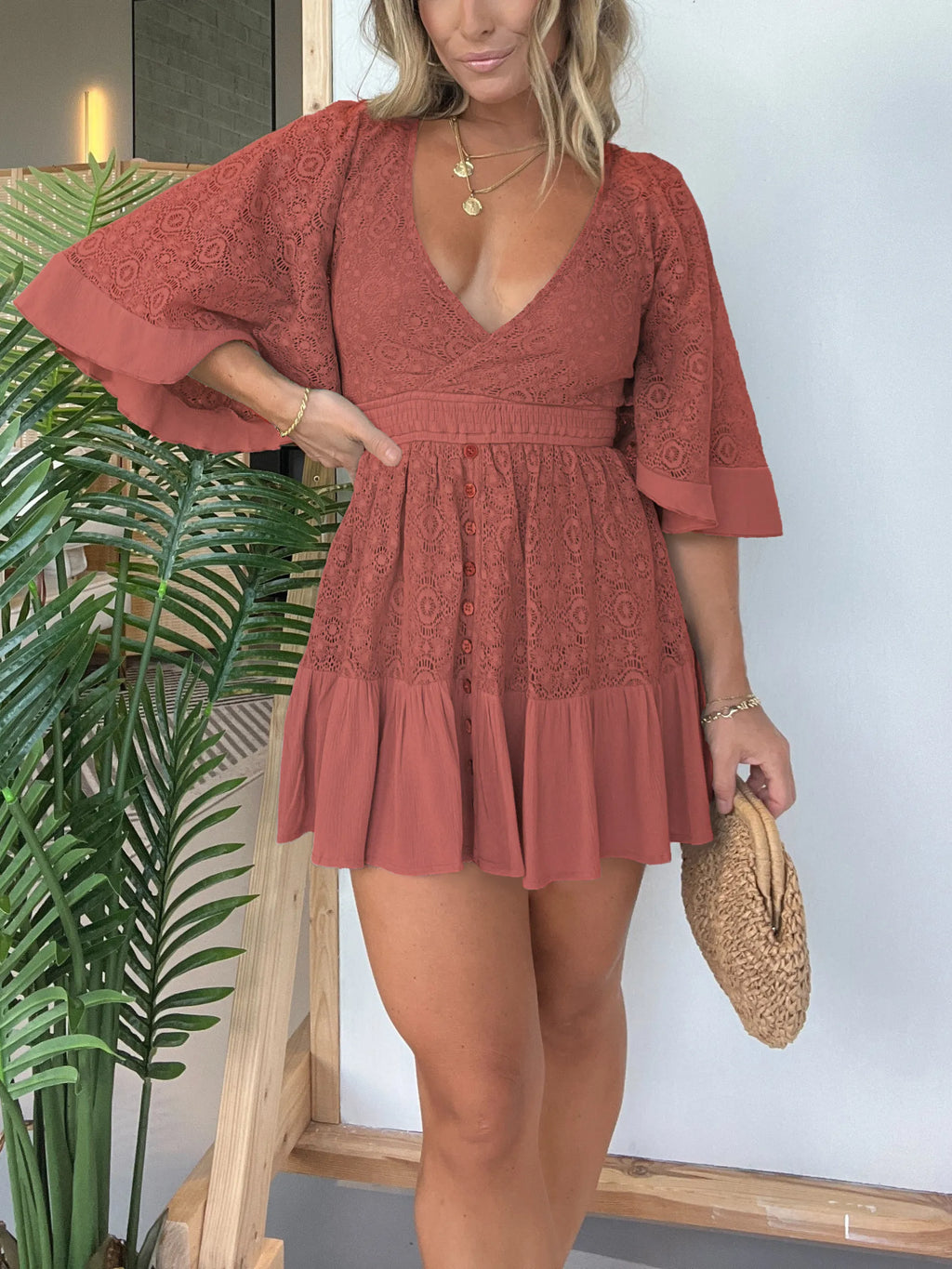Eaksone - Women's Lace Crochet Dress Built-in Shorts