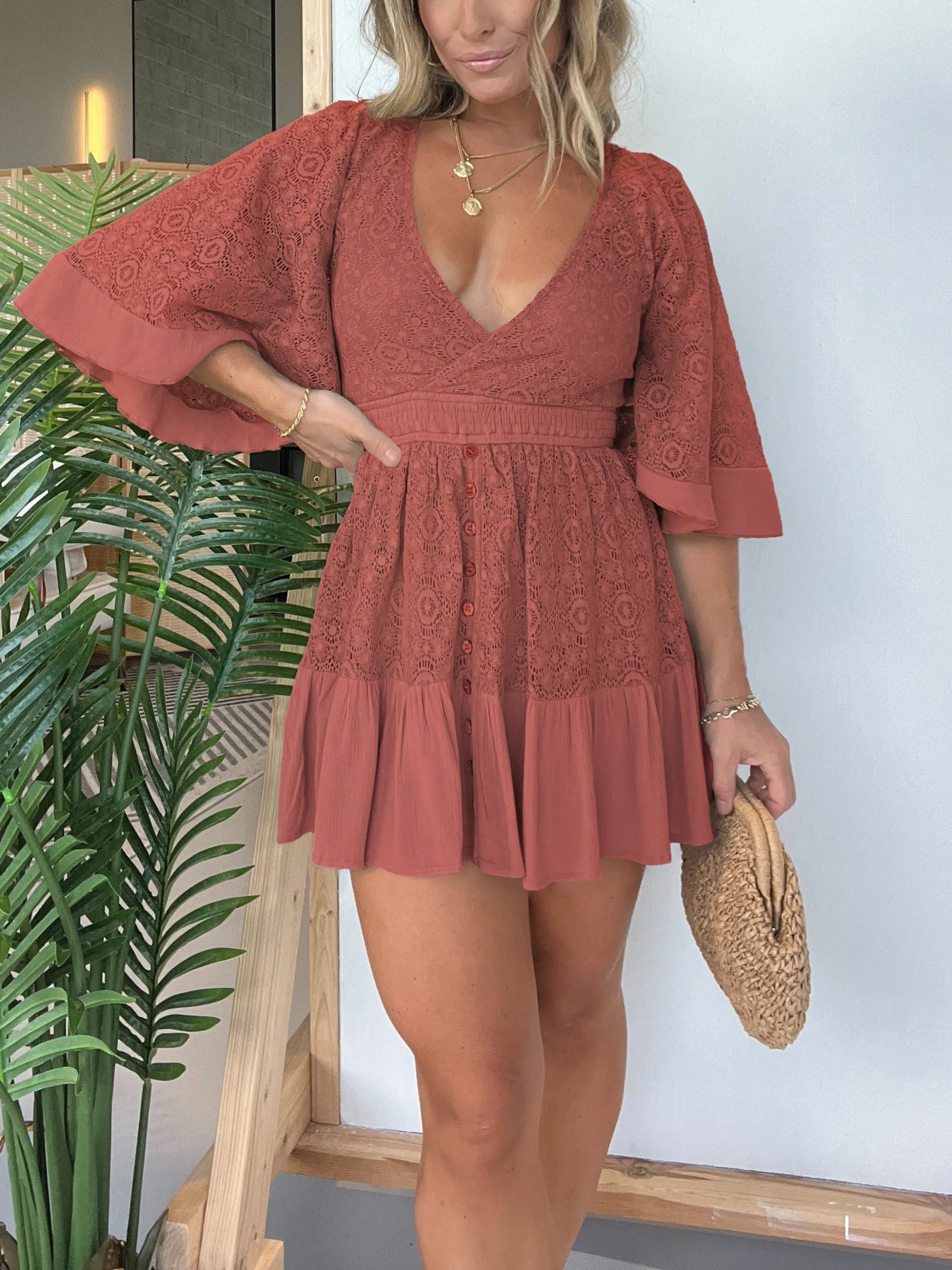 Eaksone - Women's Lace Crochet Dress Built-in Shorts