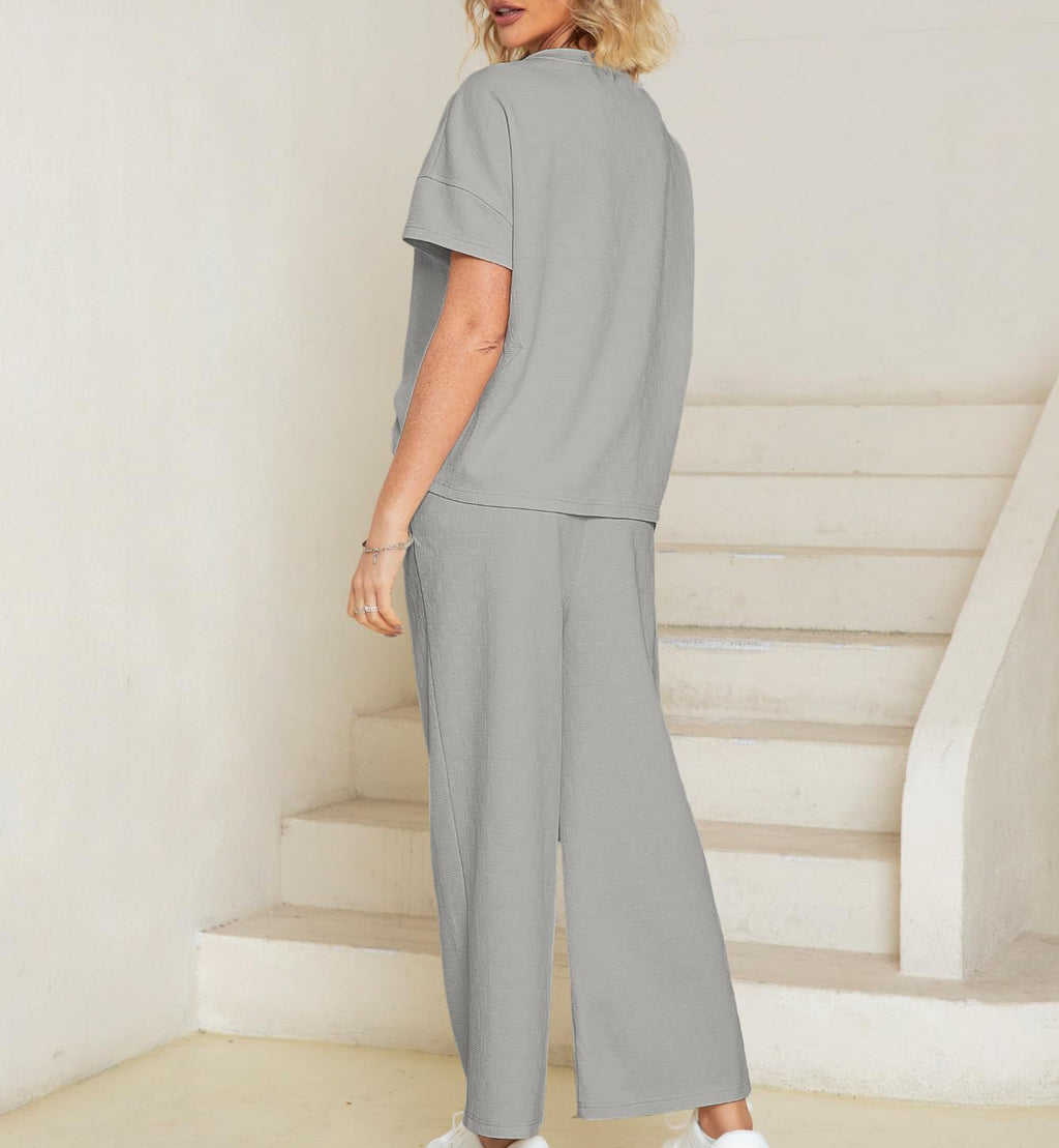 Eaksone - Casual short-sleeved loose top and wide-leg pants suit
