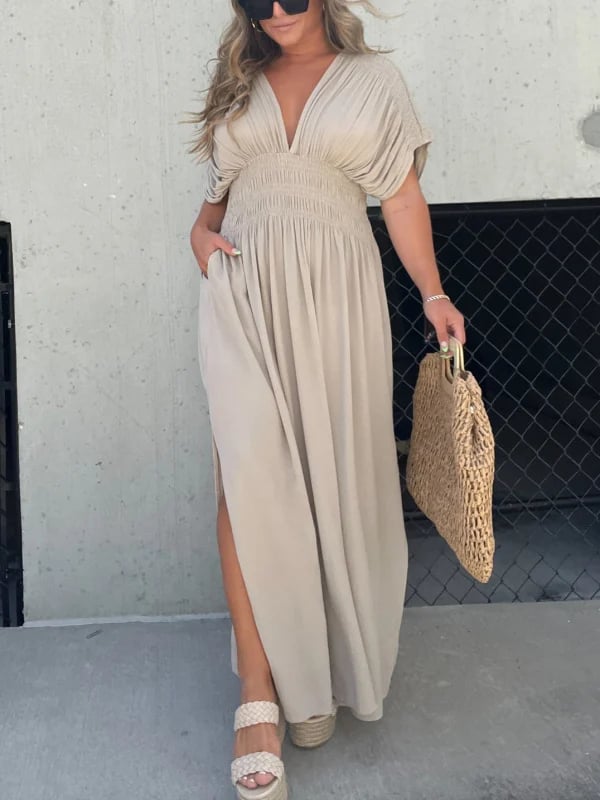 Eaksone - Slit V-neck casual long dress