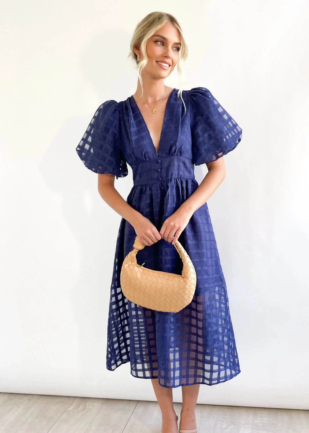 Eaksone - Beautiful square pattern fabric puff sleeve midi