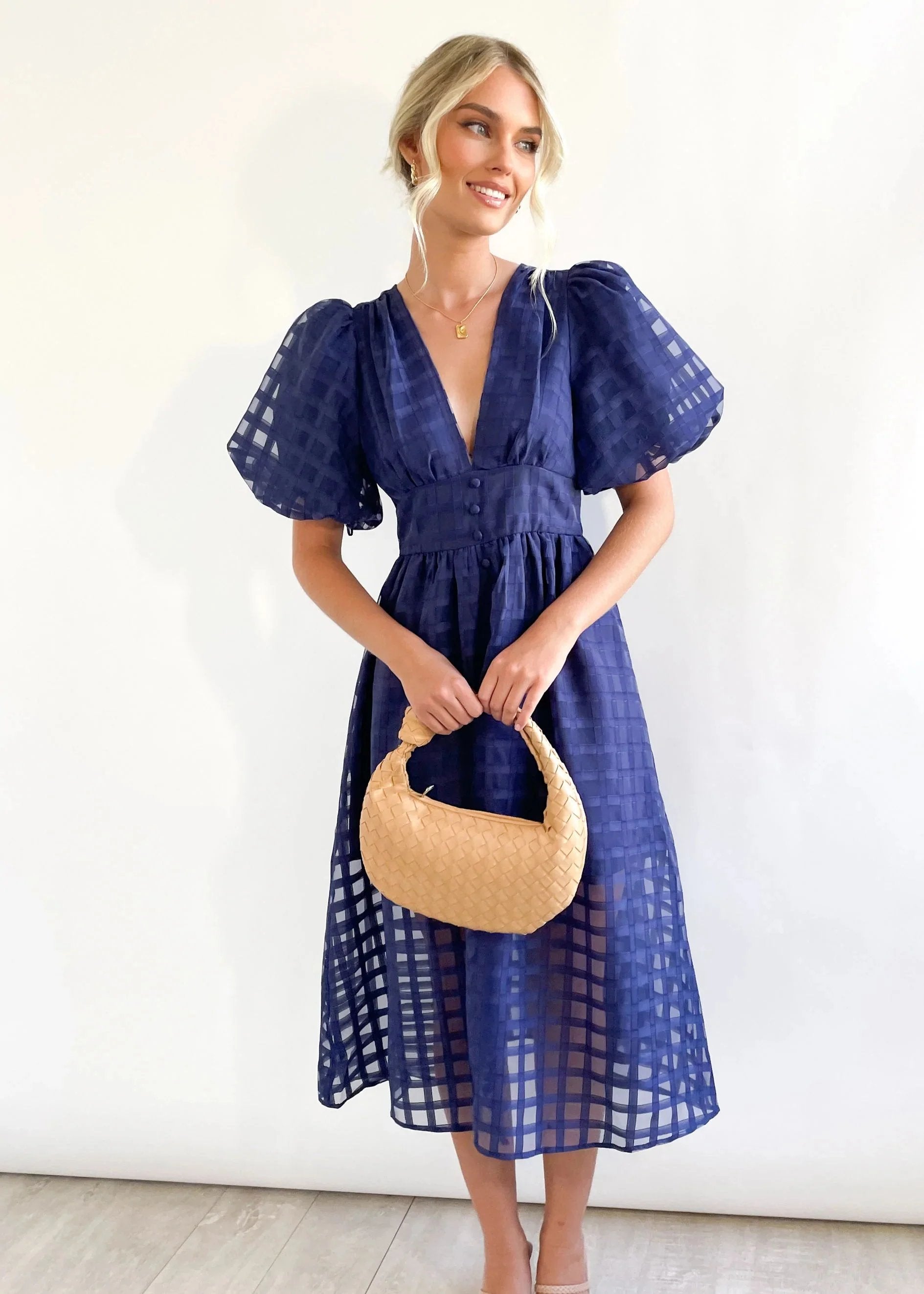 Eaksone - Beautiful square pattern fabric puff sleeve midi