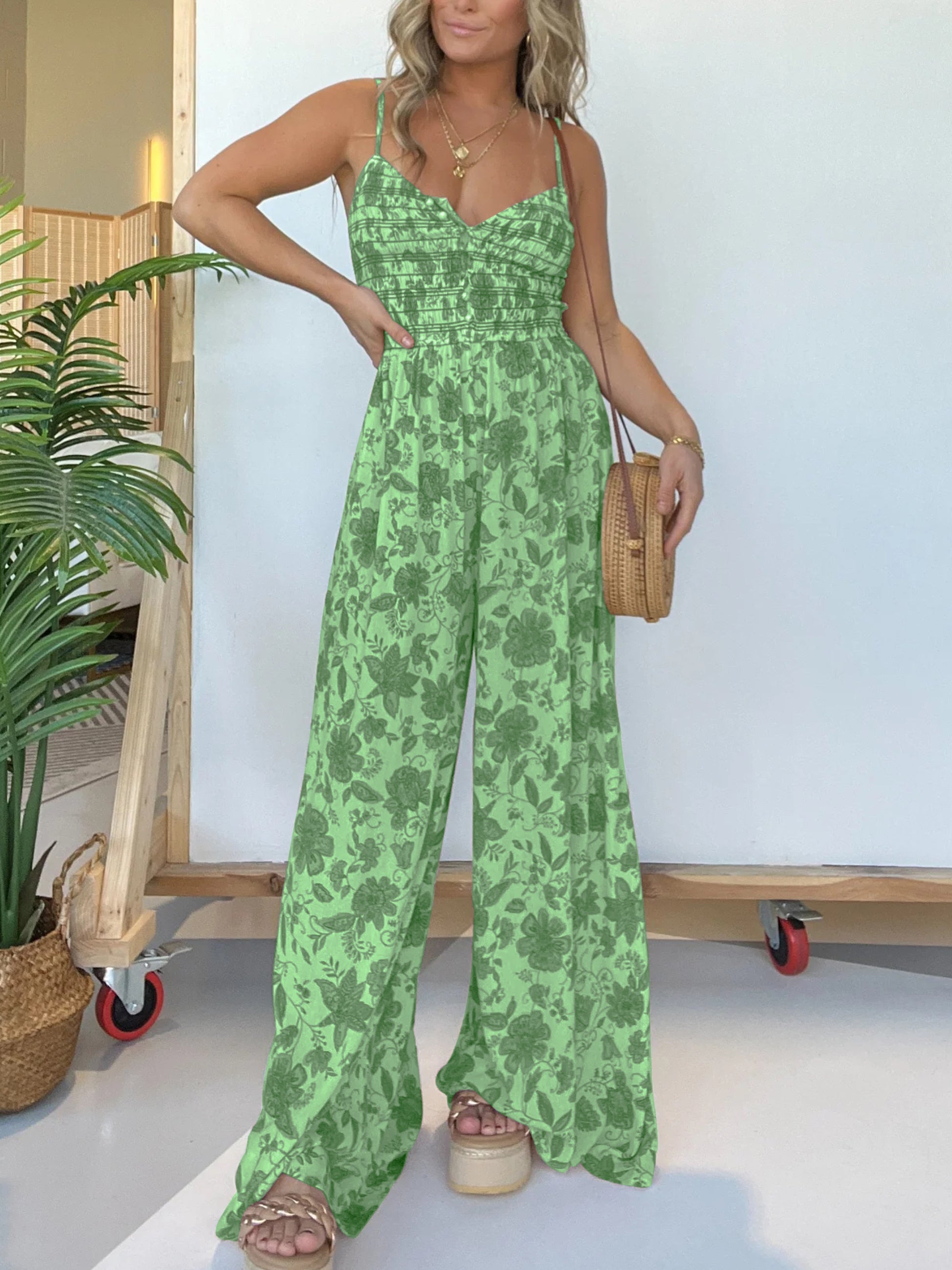 Eaksone - Floral Suspender Wide-leg Jumpsuit