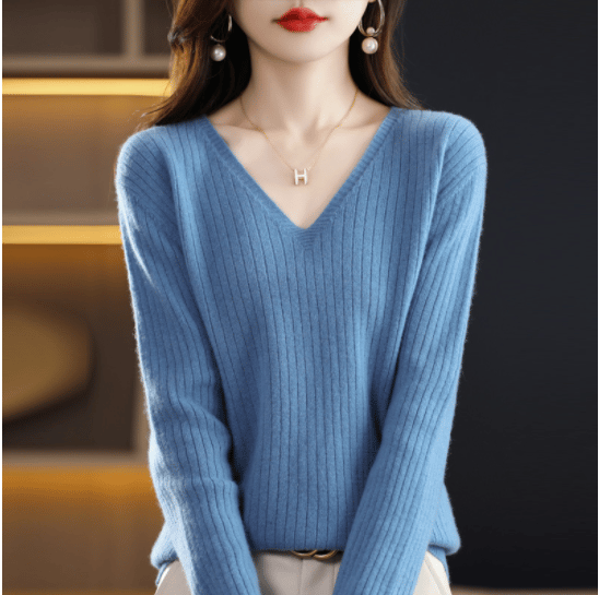 Eaksone - V-Neck Pullover Long Sleeve Solid Color Cashmere Sweater