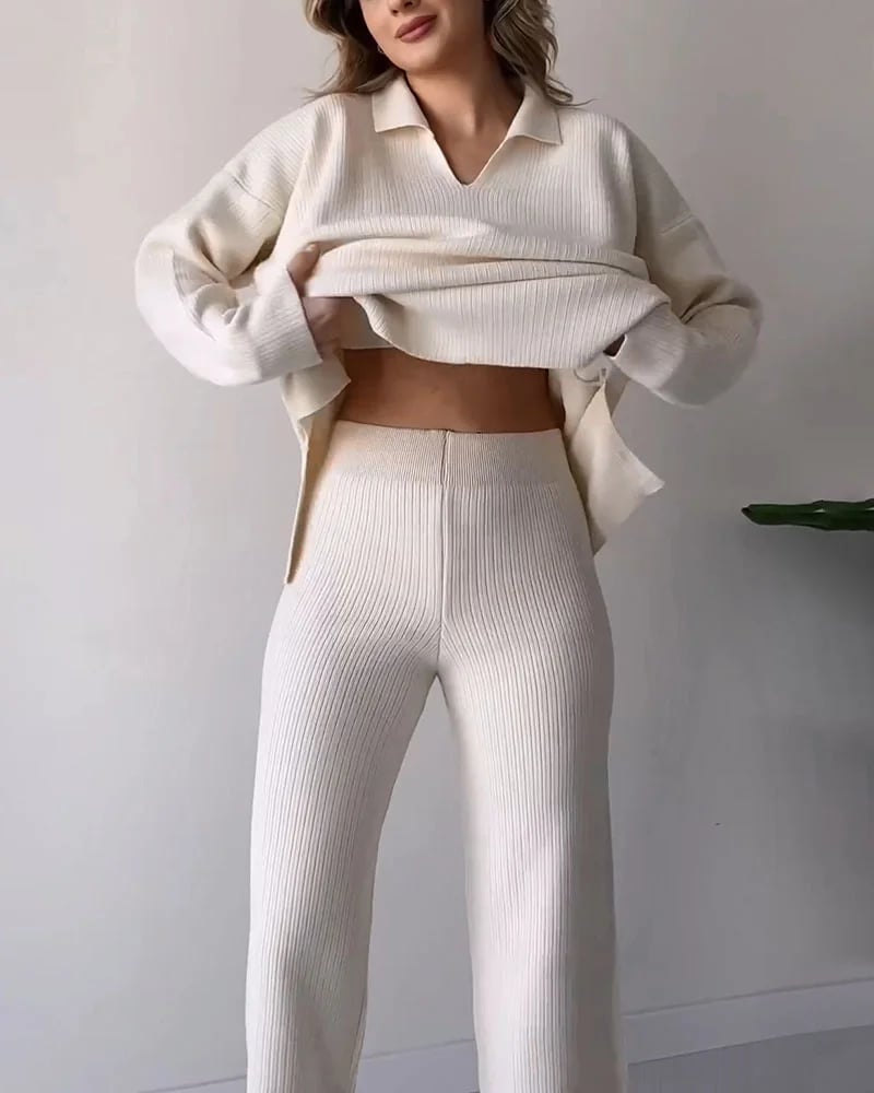 Eaksone - V-neck casual slit knitted two-piece set