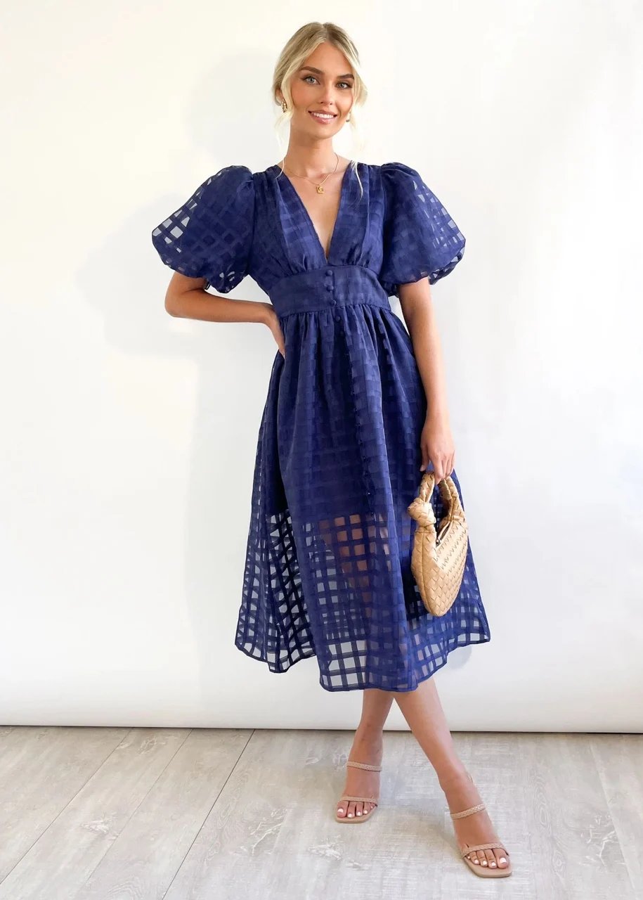 Eaksone - Beautiful square pattern fabric puff sleeve midi