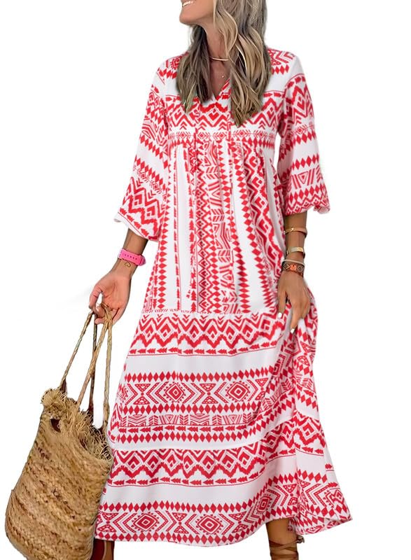 Eaksone - Women's Puff Sleeve Floral Boho Maxi Dress