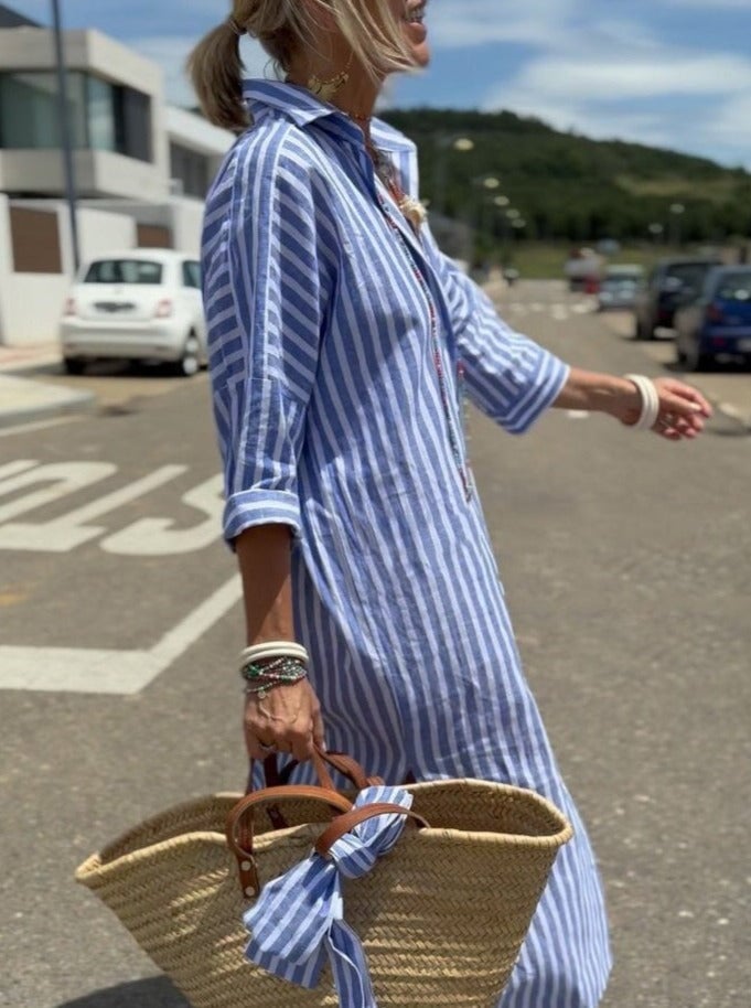 Eaksone - Classic Striped Lace-Up Shirt Dress