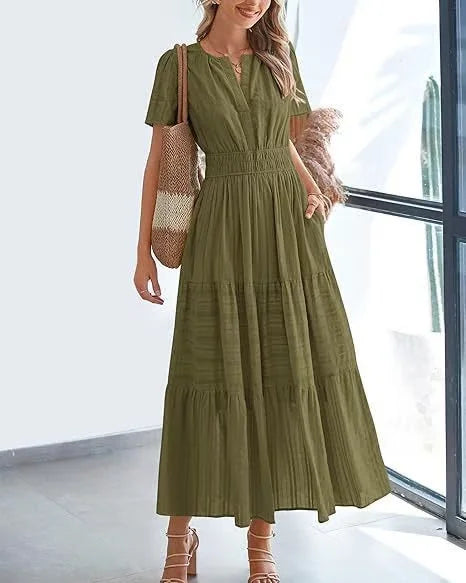 Eaksone - v-neck pleated puff sleeve dress black