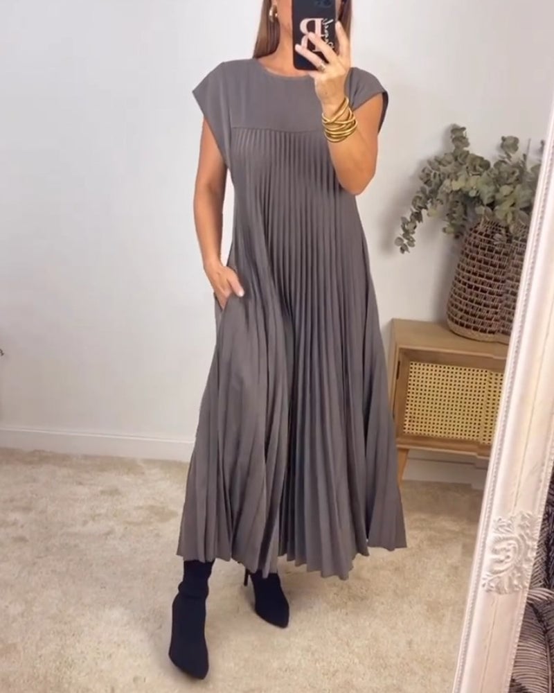 Eaksone - Women Pleated Simple Solid Color Dress