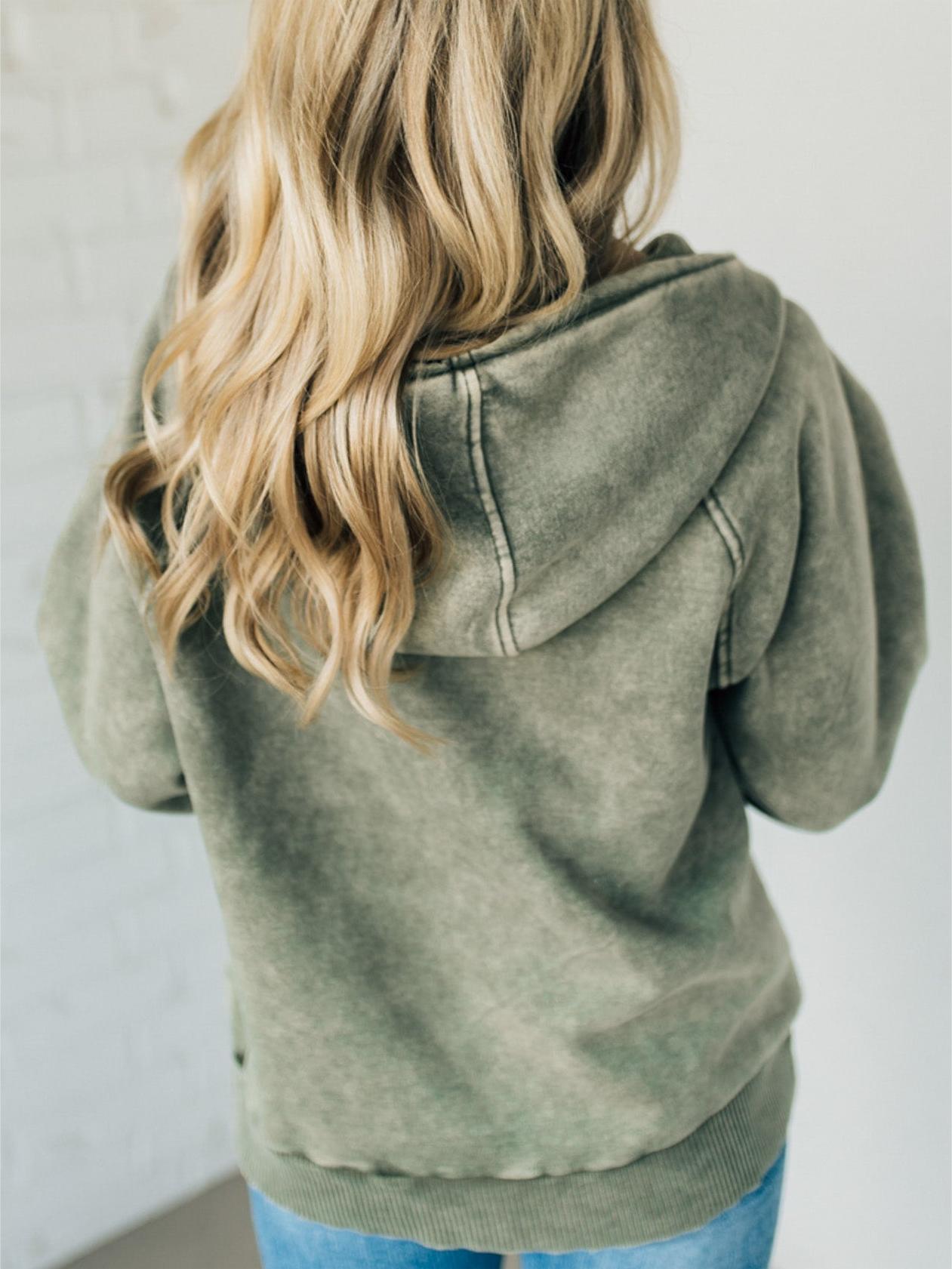 Eaksone - Women's Zip Henley Acid Wash Fleece Hoodie