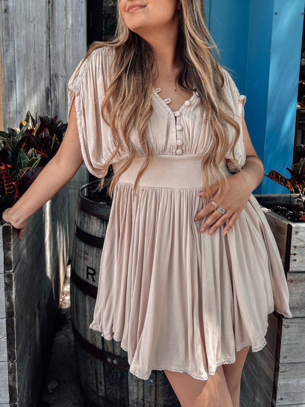 Eaksone - Folds Button Elegant Casual Mini Dress
