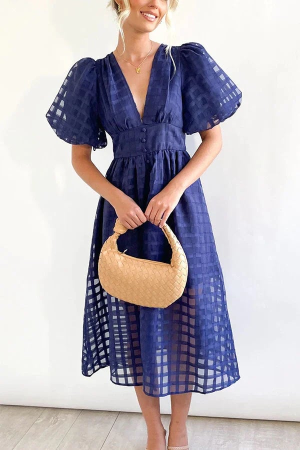 Eaksone - Beautiful square pattern fabric puff sleeve midi
