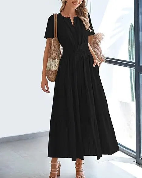 Eaksone - v-neck pleated puff sleeve dress black