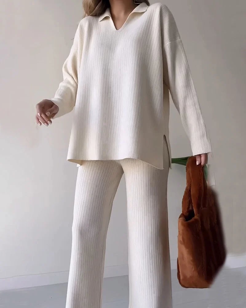 Eaksone - V-neck casual slit knitted two-piece set