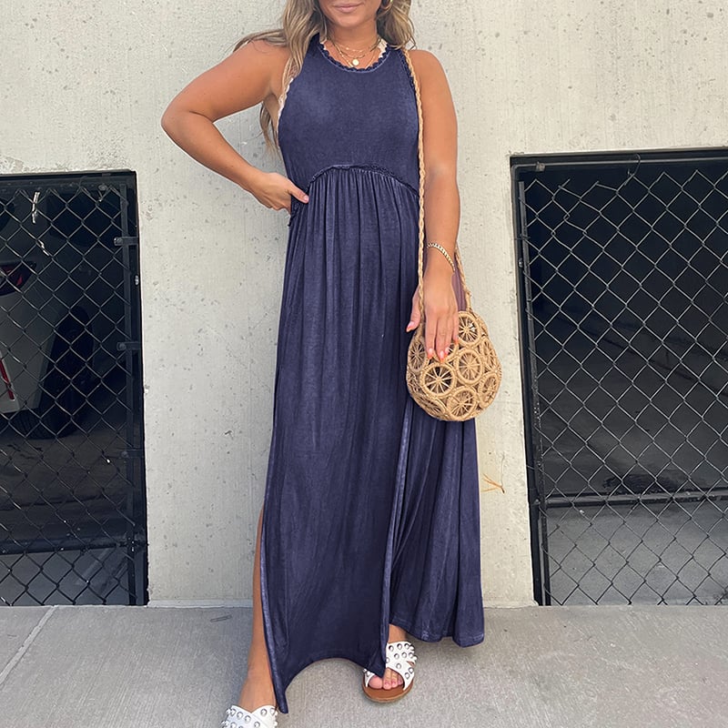 Eaksone - Slit Casual Simple Loose Maxi Long Dress