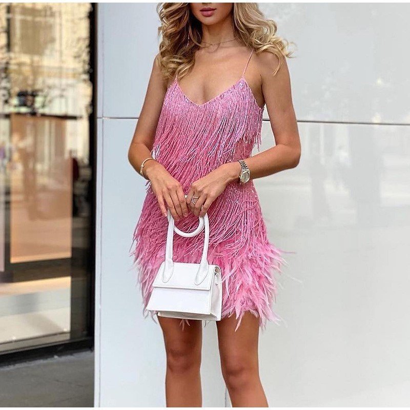 Eaksone - Women's Feather Fringe Sequin Spaghetti Strap Dress