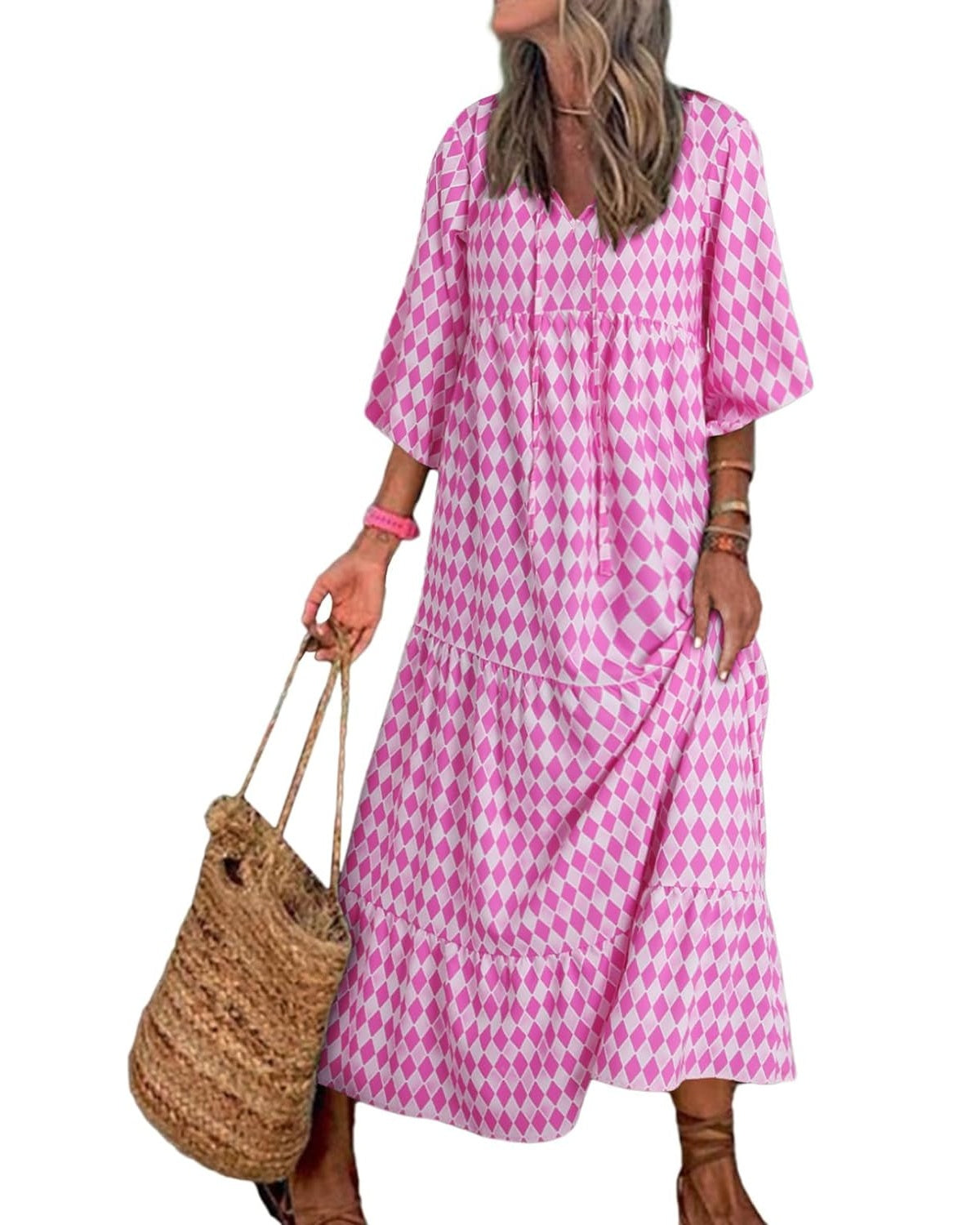 Eaksone - Women's Puff Sleeve Floral Boho Maxi Dress