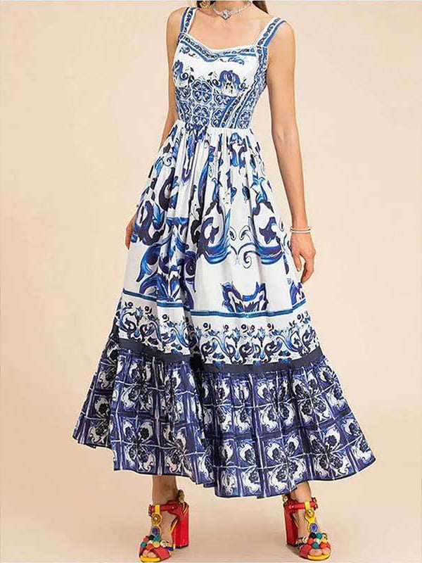 Eaksone - Stunning Floral Print Suspender Patchwork Maxi Dress