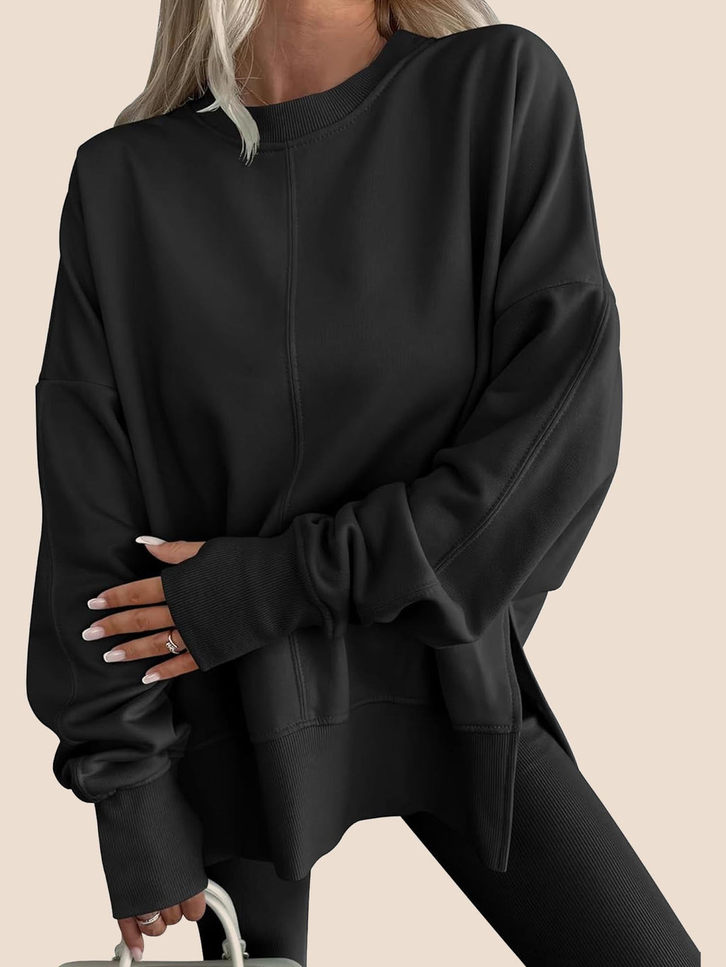 Eaksone - Women's Oversized Thumbhole Long Sleeve Side Slit Sweatshirt