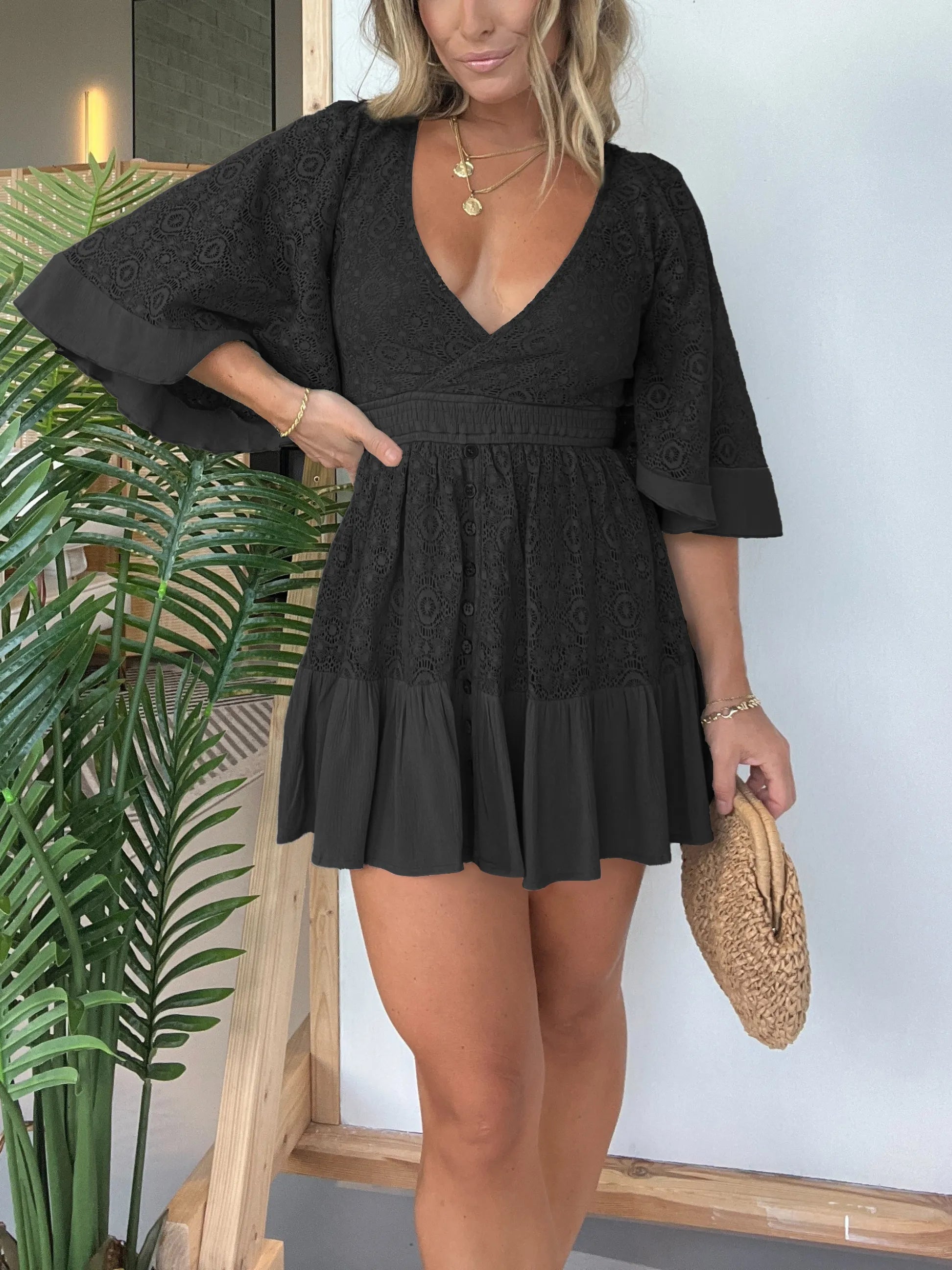 Eaksone - Women's Lace Crochet Dress Built-in Shorts
