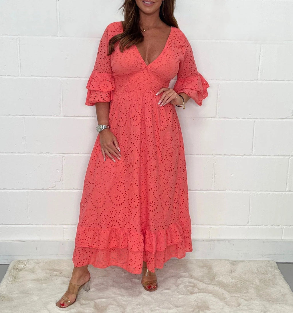 Eaksone - Embroidery Frill Sleeve Midi Dress
