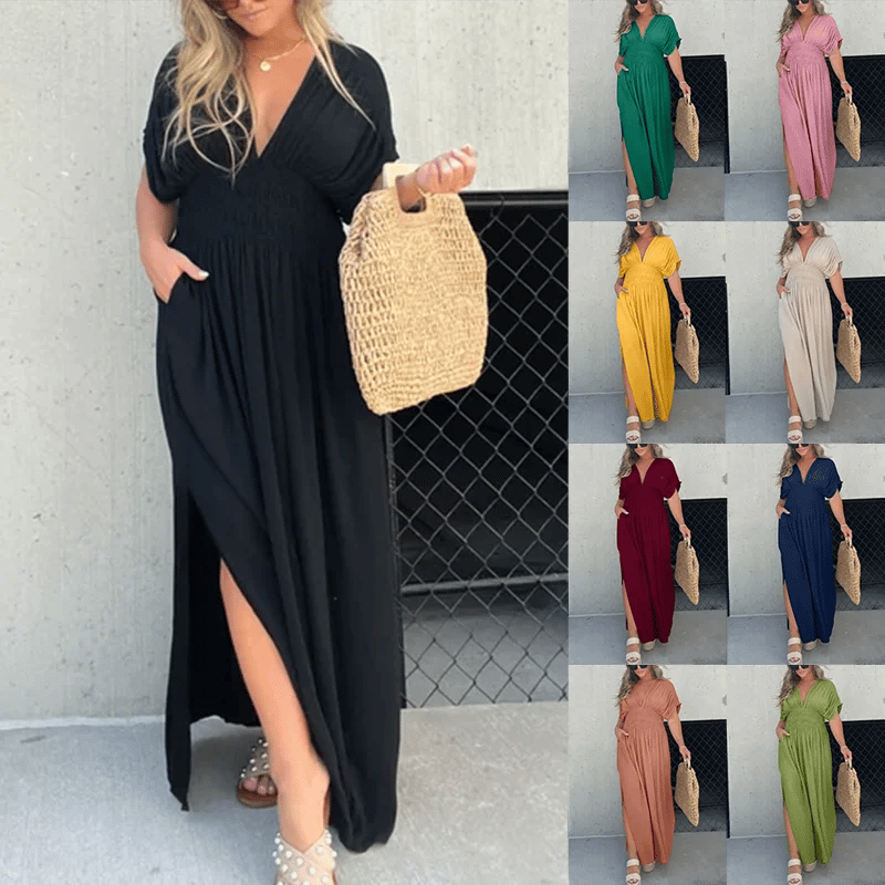 Eaksone - Slit V-neck casual long dress