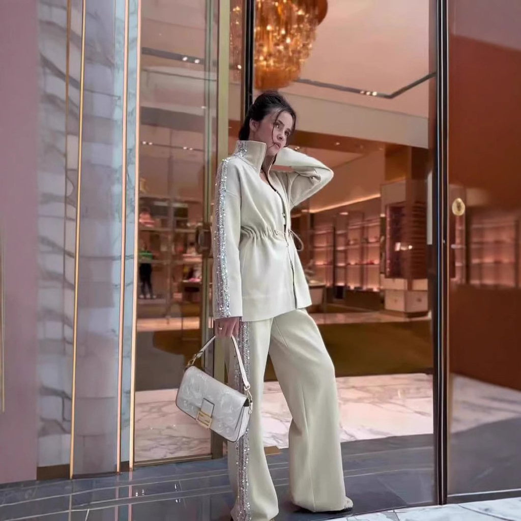 Eaksone - Elegant Sequin-Trimmed Top and Wide-Leg Pants 2-Piece Set