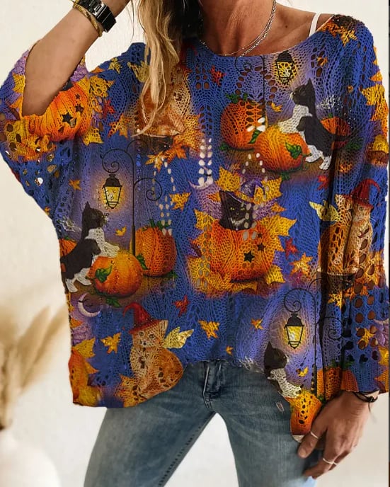 Eaksone - Women's Halloween Pumpkin Print Long Sleeve Knit Top