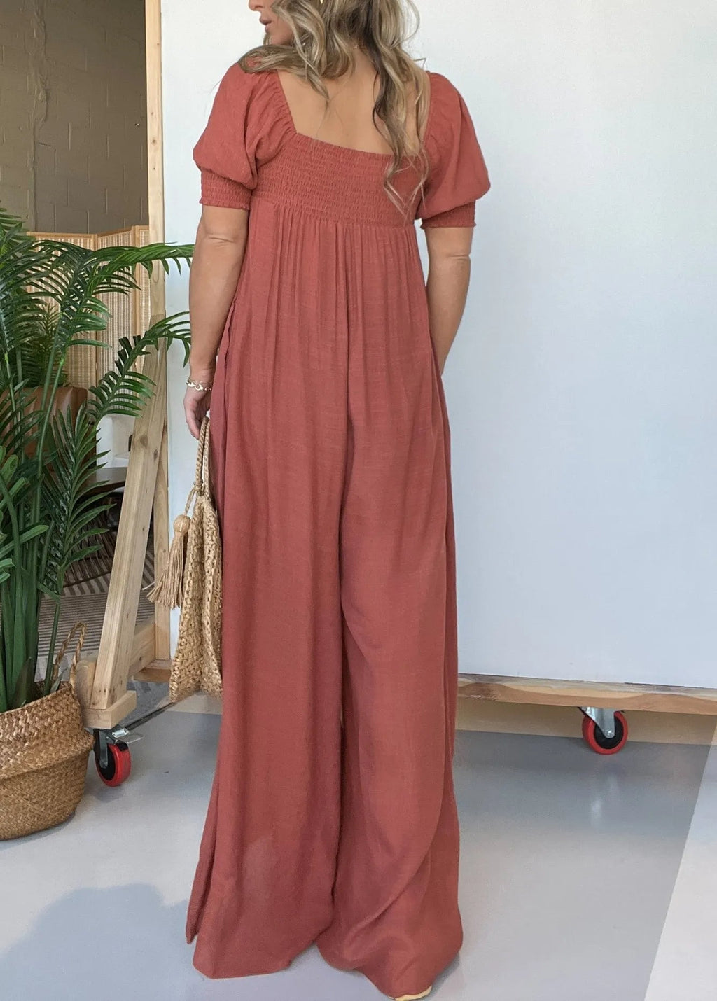 Eaksone - Square Neckline Jumpsuit With Smocked Bodice Button