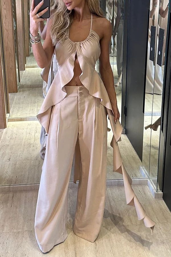 Eaksone - Ruffle Slit Halter Tank and Pocketed Wide Leg Pants Set
