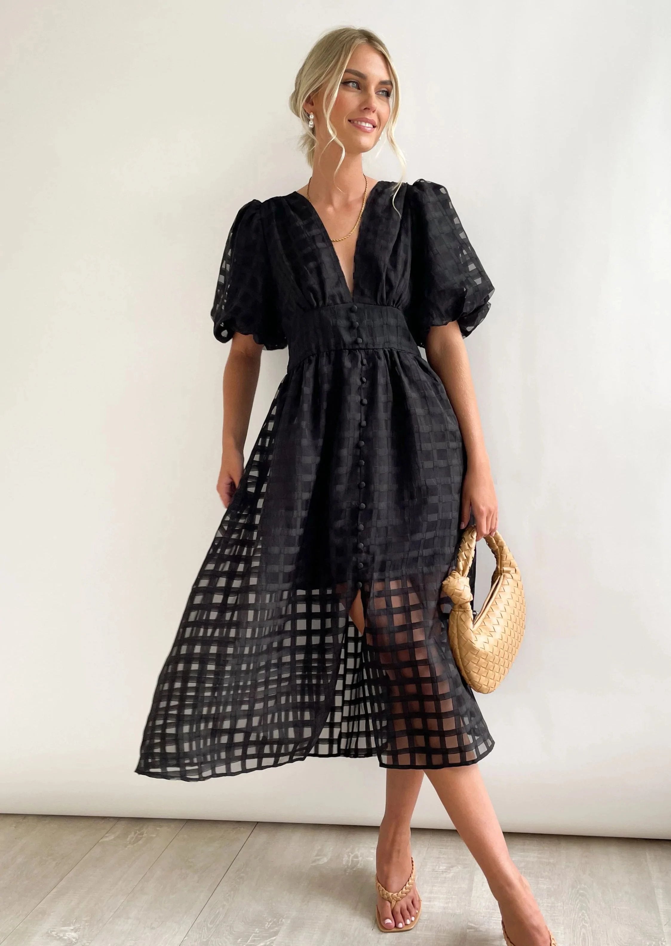 Eaksone - Beautiful square pattern fabric puff sleeve midi