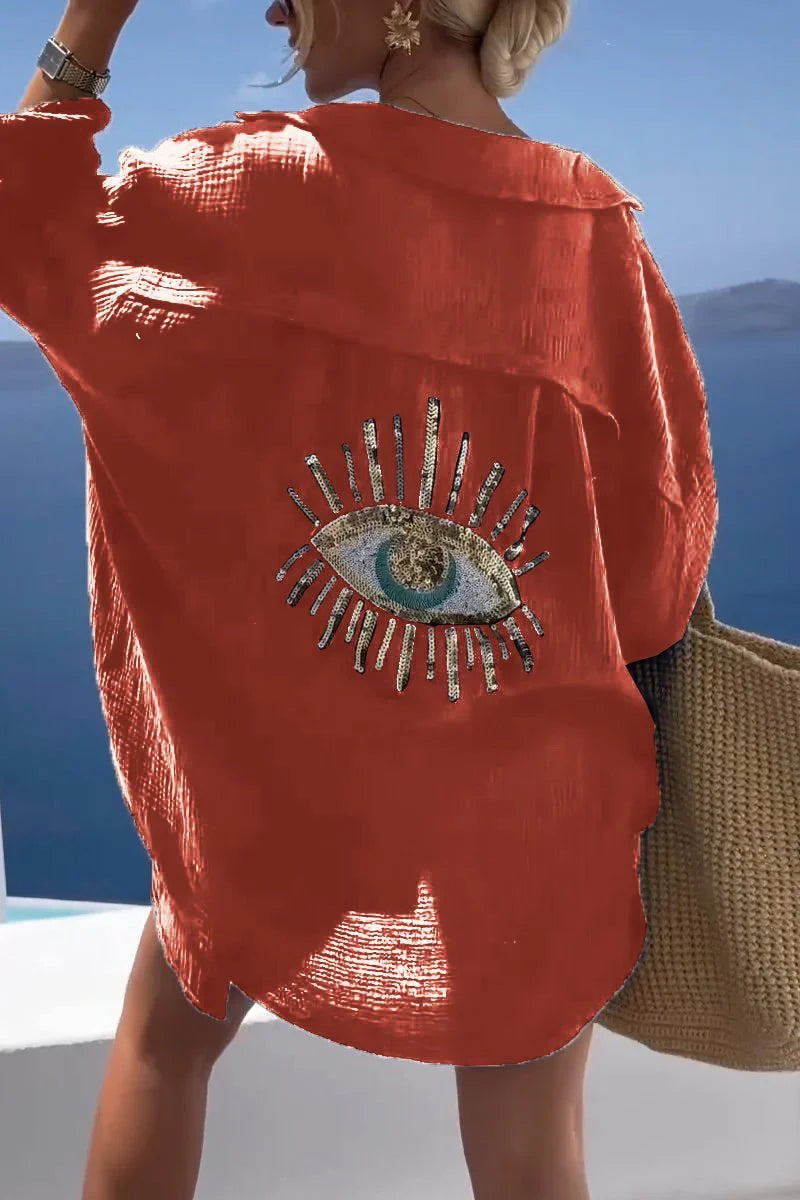 Eaksone - Evil Eye Casual Sequin Beaded Shirt