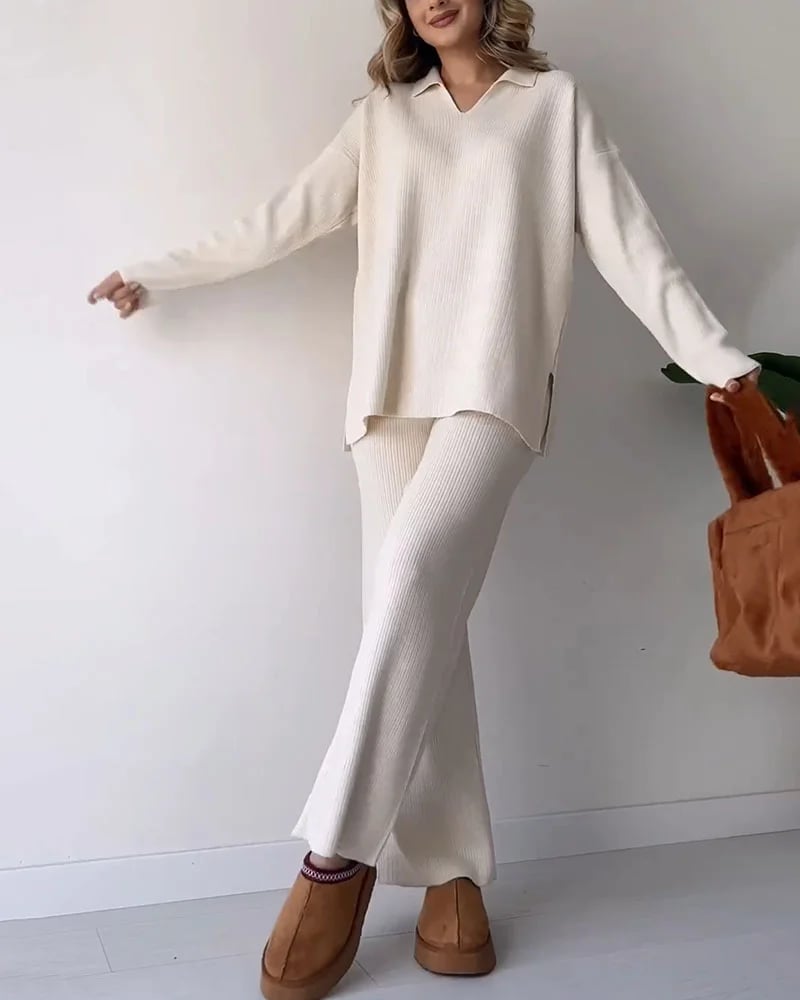 Eaksone - V-neck casual slit knitted two-piece set