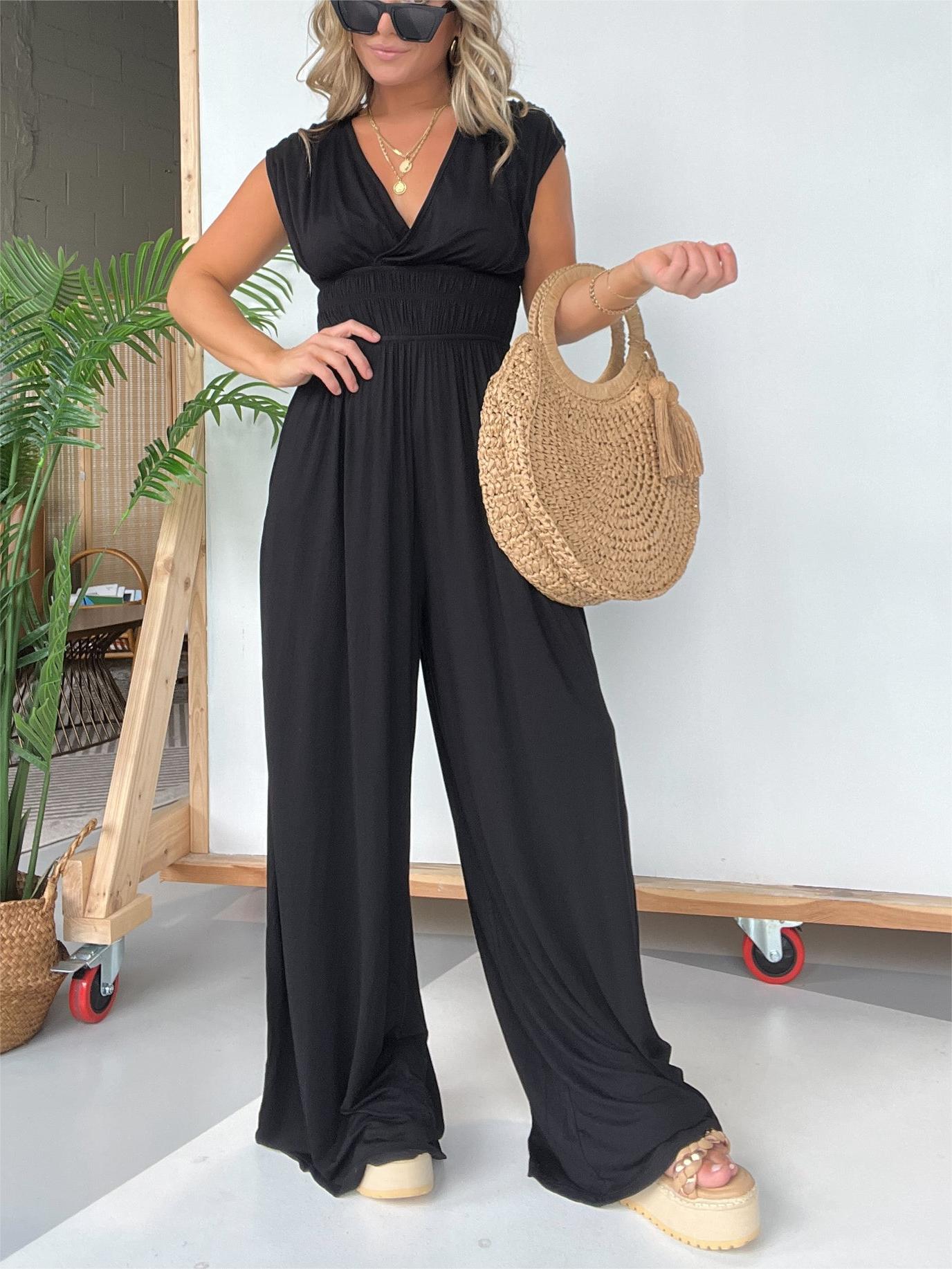 Eaksone - V-Neckline Wide Leg Jumpsuit with Adjustable Back Tie