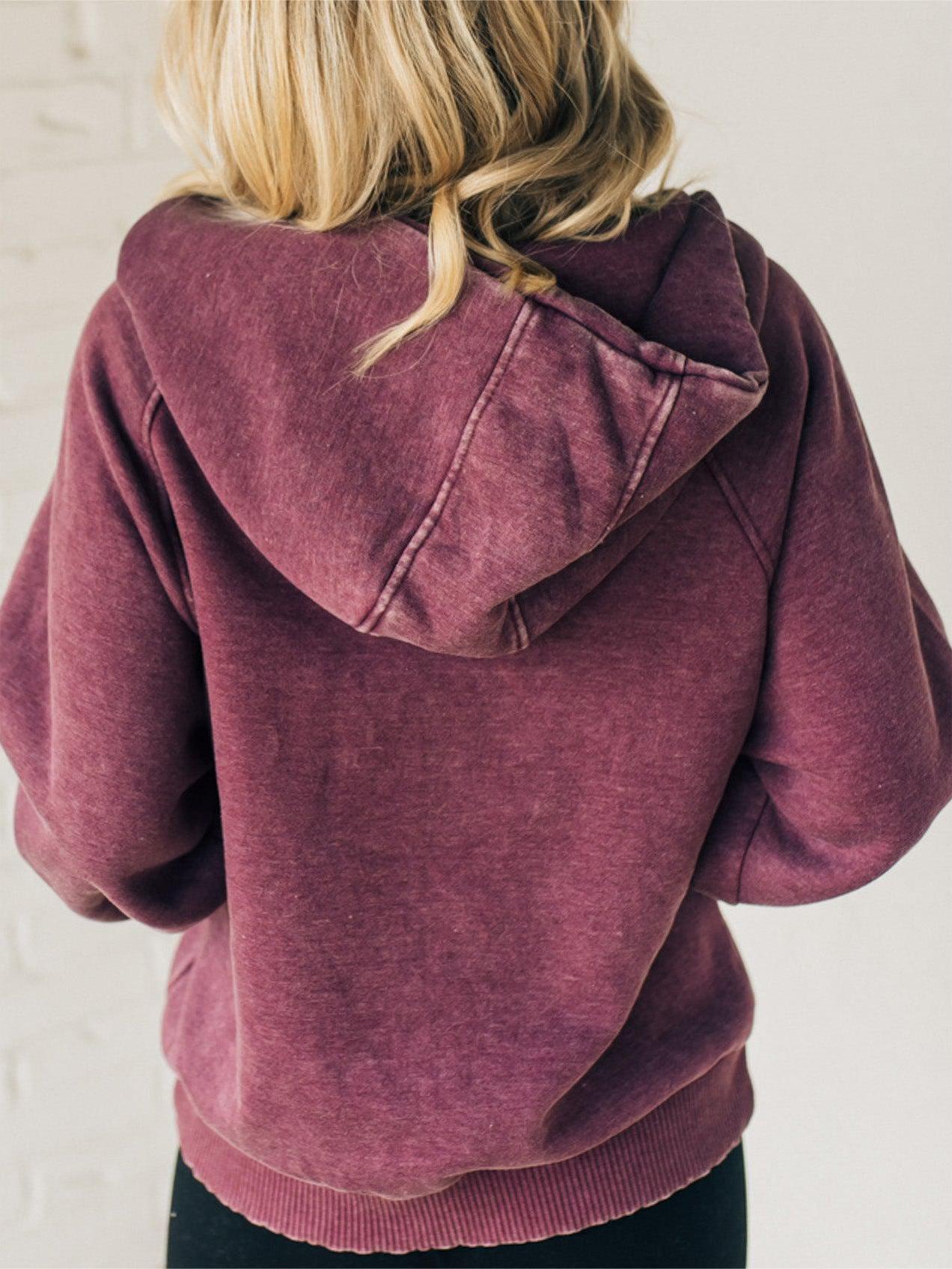 Eaksone - Women's Zip Henley Acid Wash Fleece Hoodie