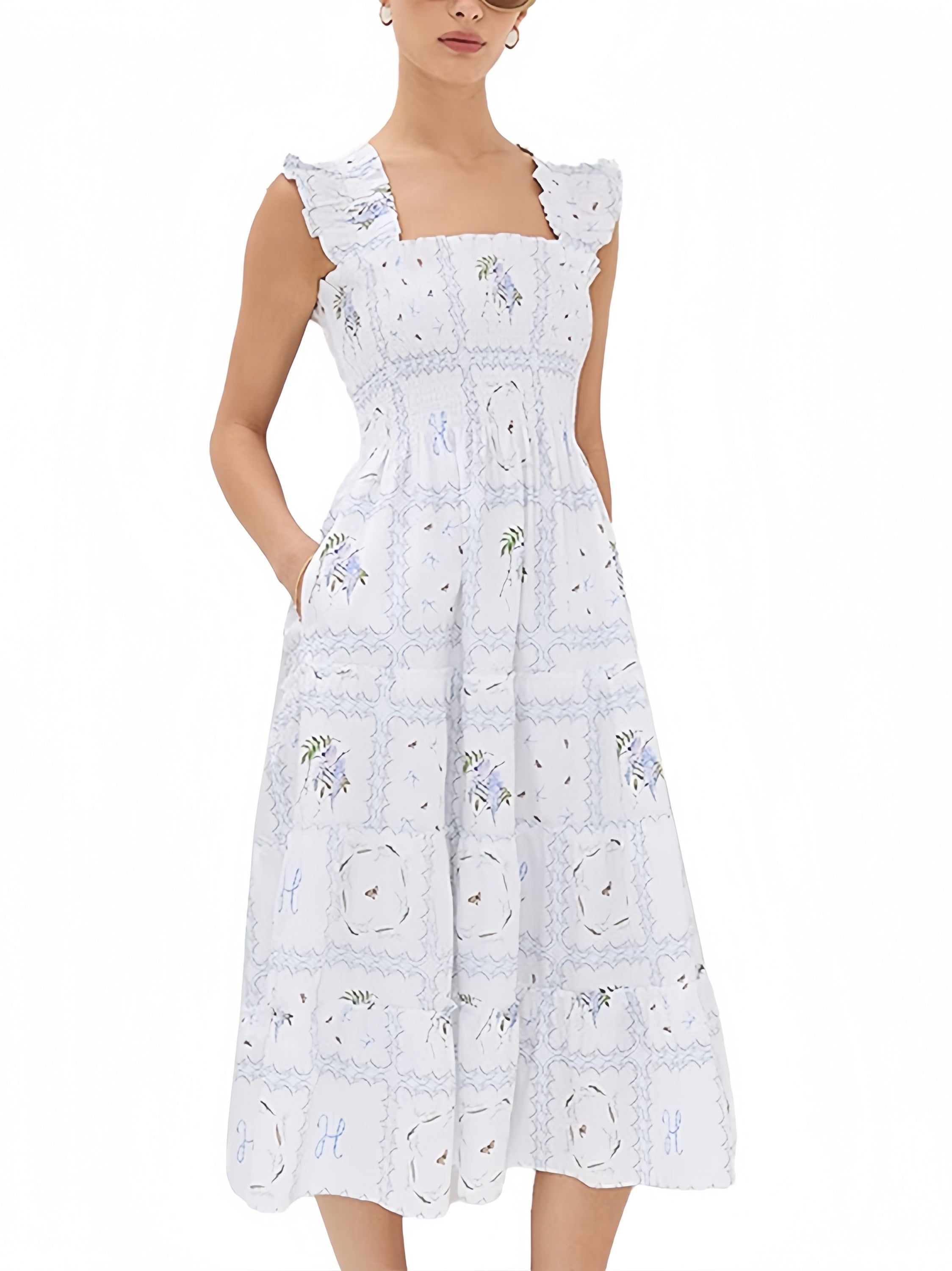 Women's Sexy Printed Beachwear Custom Embroidered Square Neck Bohemian Maxi Dress