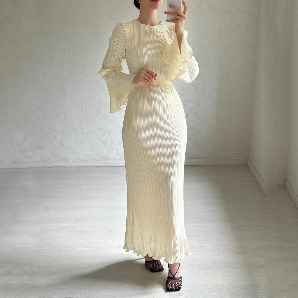 Eaksone - Pleated Bell Sleeve Maxi Dress