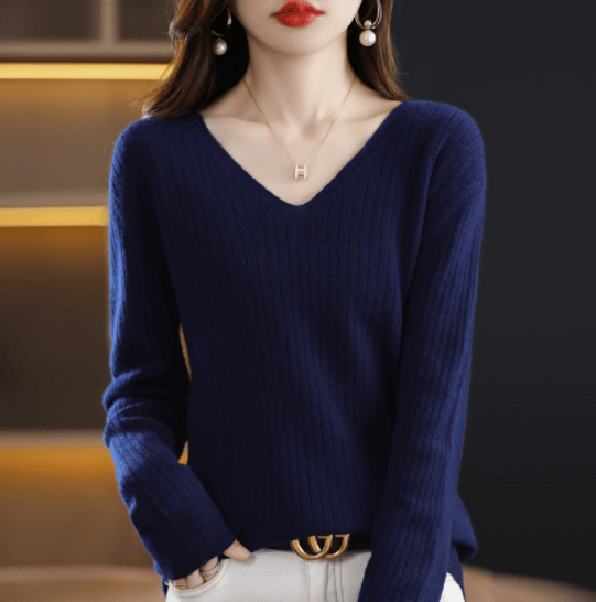 Eaksone - V-Neck Pullover Long Sleeve Solid Color Cashmere Sweater