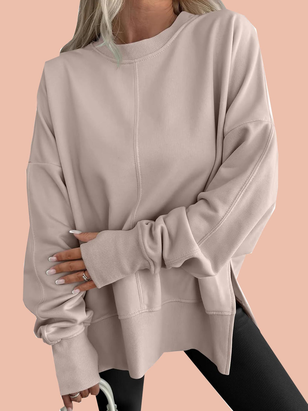 Eaksone - Women's Oversized Thumbhole Long Sleeve Side Slit Sweatshirt
