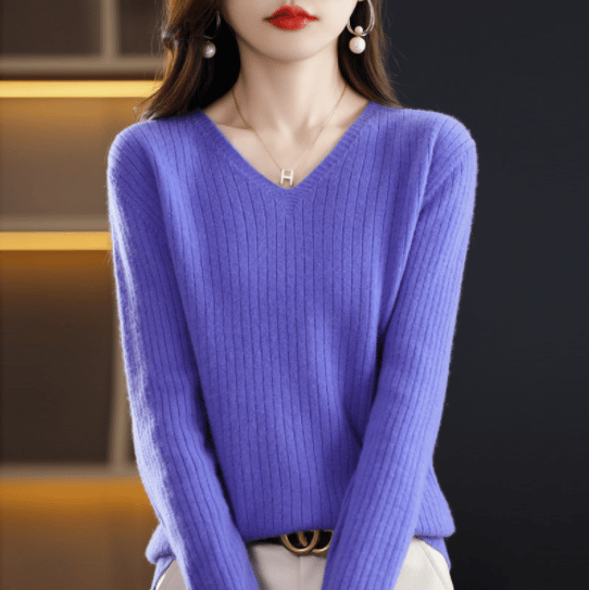 Eaksone - V-Neck Pullover Long Sleeve Solid Color Cashmere Sweater