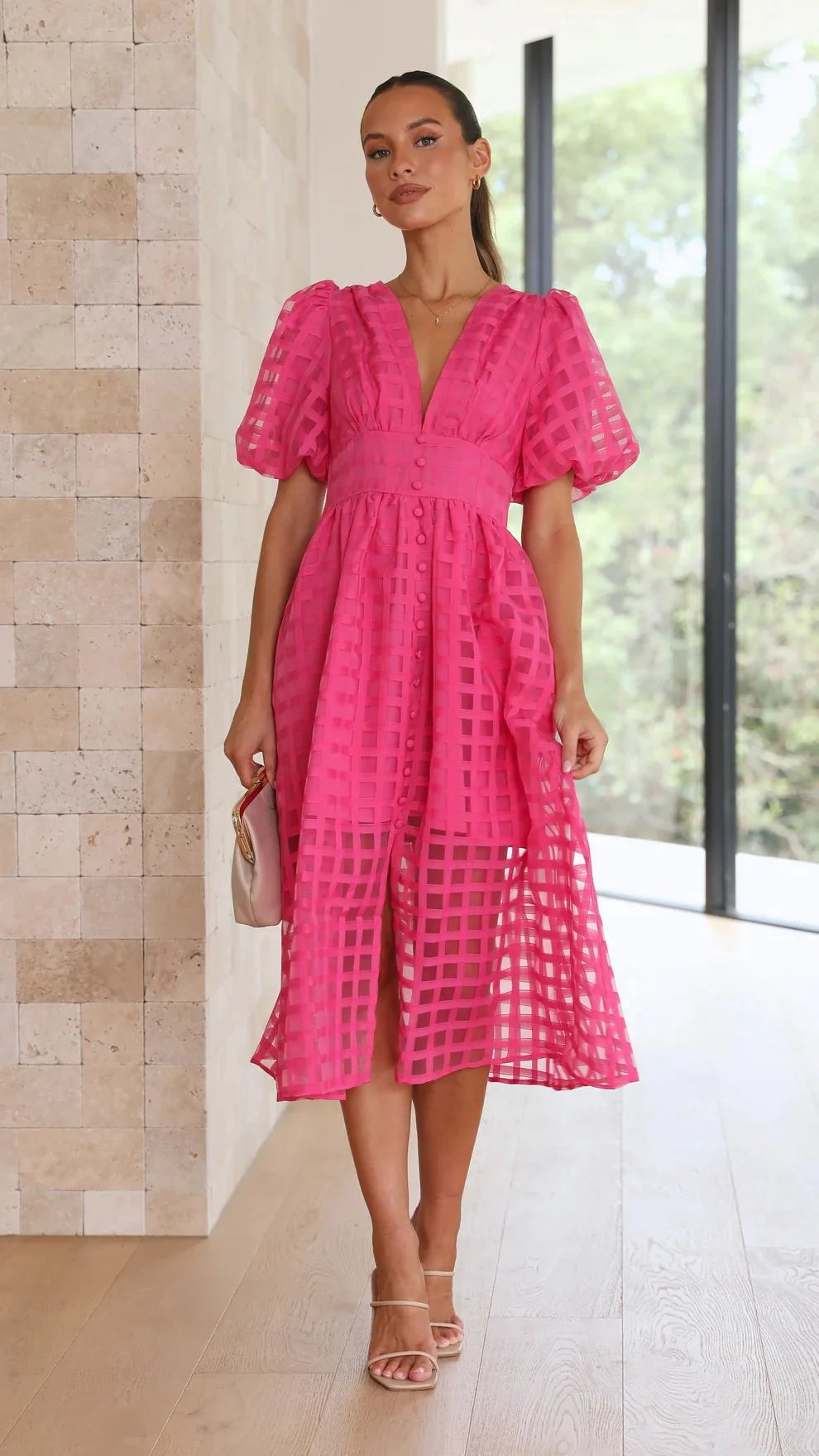 Eaksone - Beautiful square pattern fabric puff sleeve midi