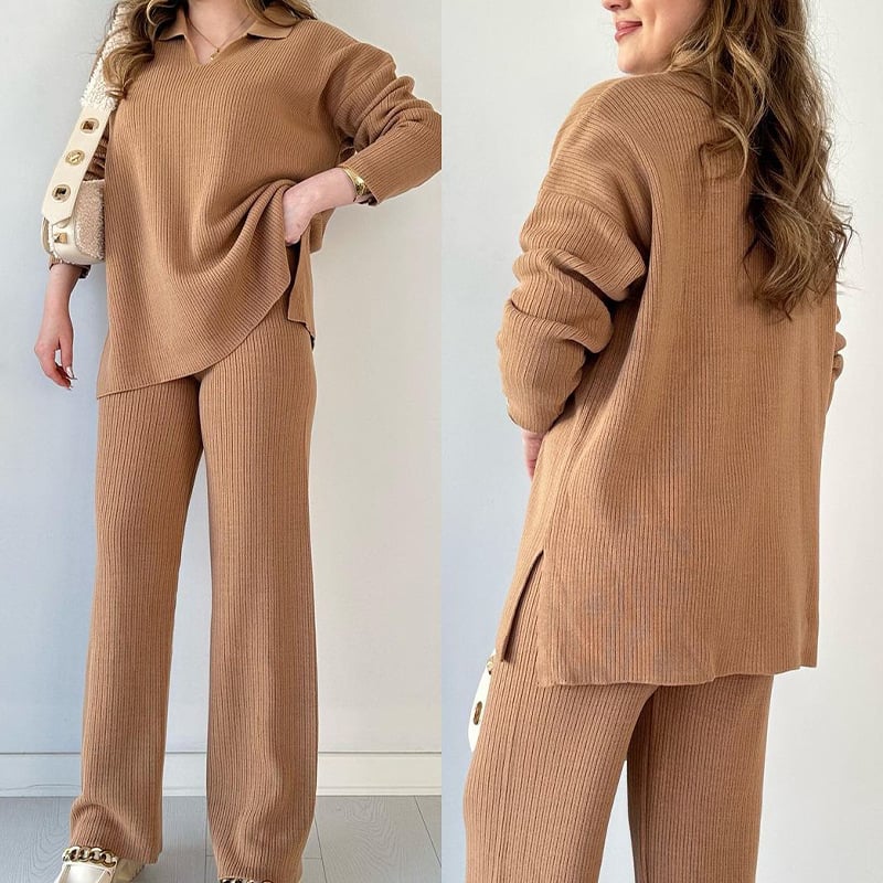 Eaksone - V-neck casual slit knitted two-piece set