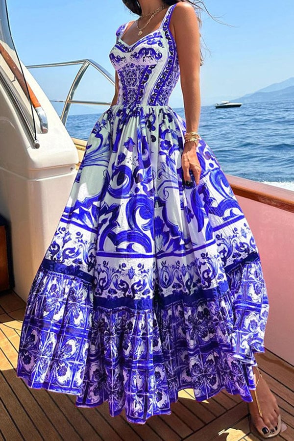 Eaksone - Stunning Floral Print Suspender Patchwork Maxi Dress
