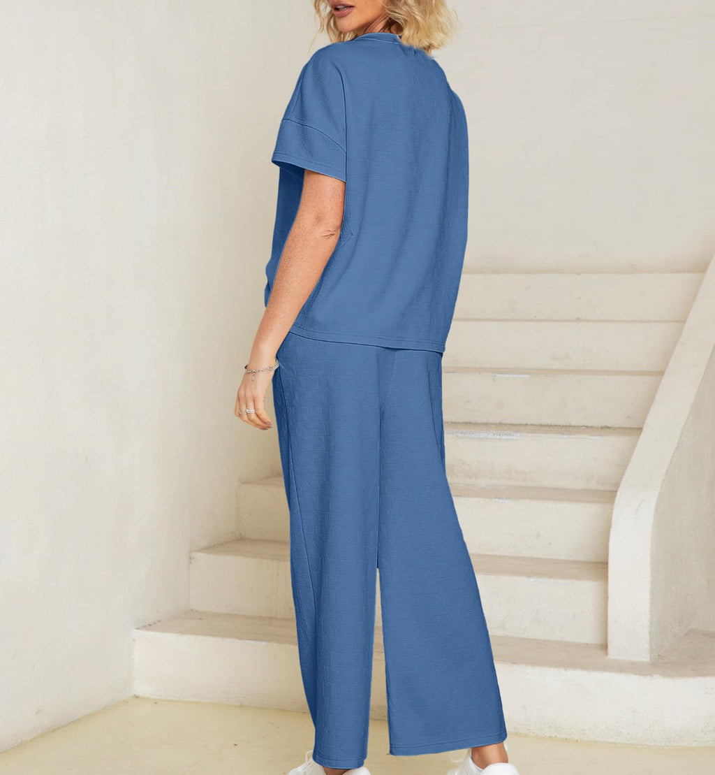 Eaksone - Casual short-sleeved loose top and wide-leg pants suit