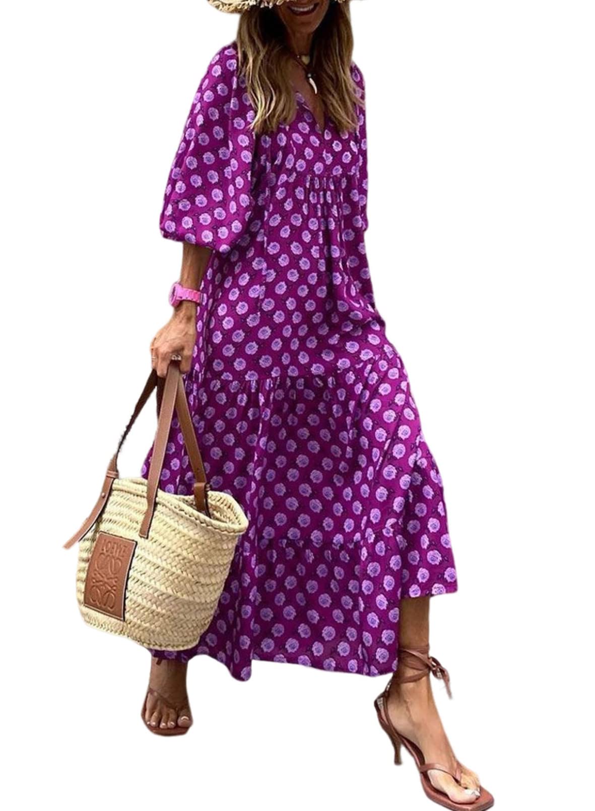 Eaksone - Women's Puff Sleeve Floral Boho Maxi Dress