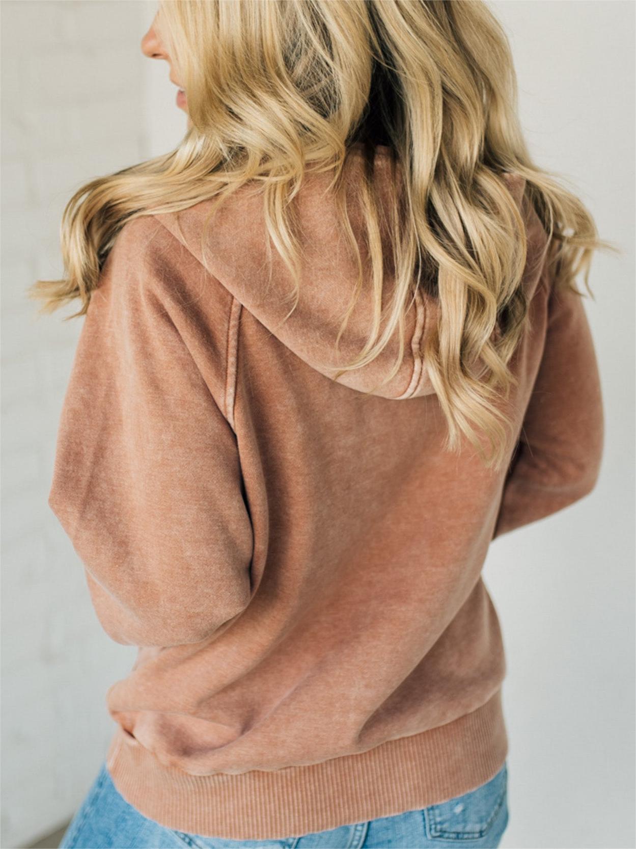 Eaksone - Women's Zip Henley Acid Wash Fleece Hoodie