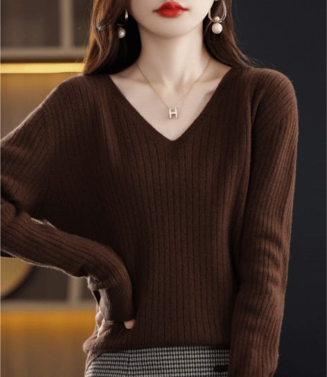 Eaksone - V-Neck Pullover Long Sleeve Solid Color Cashmere Sweater
