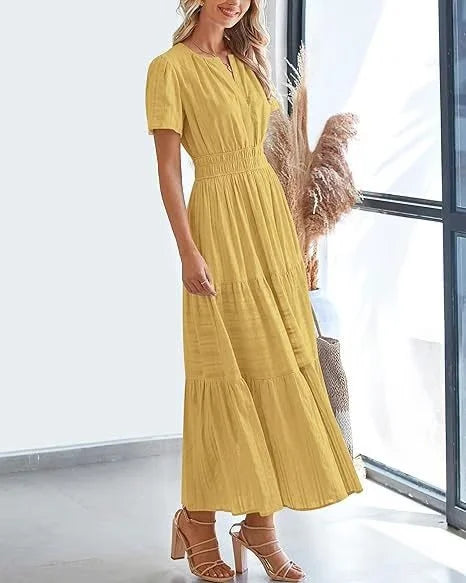 Eaksone - v-neck pleated puff sleeve dress black